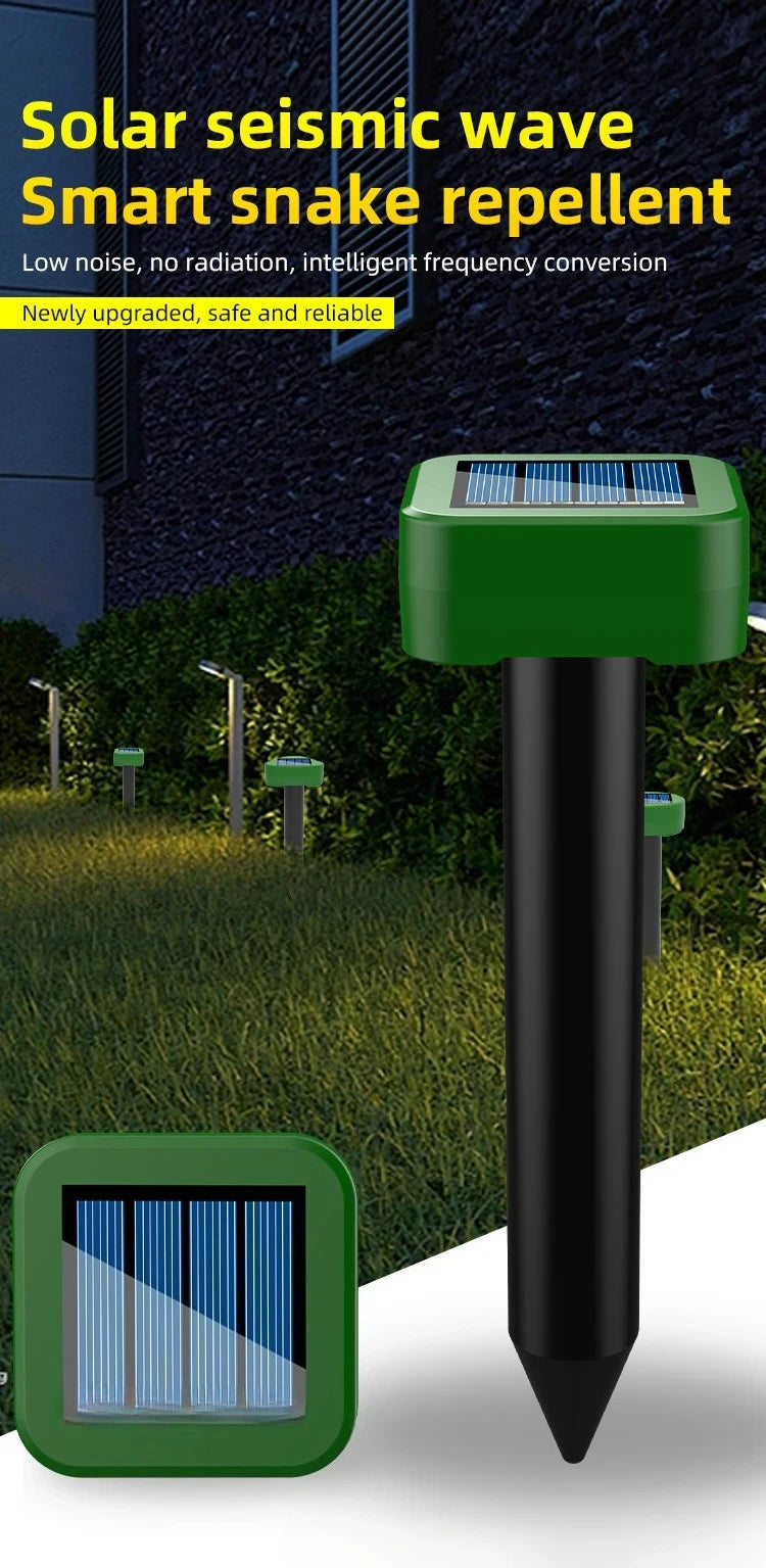 A green solar-powered ultrasonic snake repellent device is shown standing upright in a garden setting.