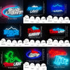 Various LED neon signs featuring Bud Light, Busch Light, Coors Light, and Miller Lite designs.