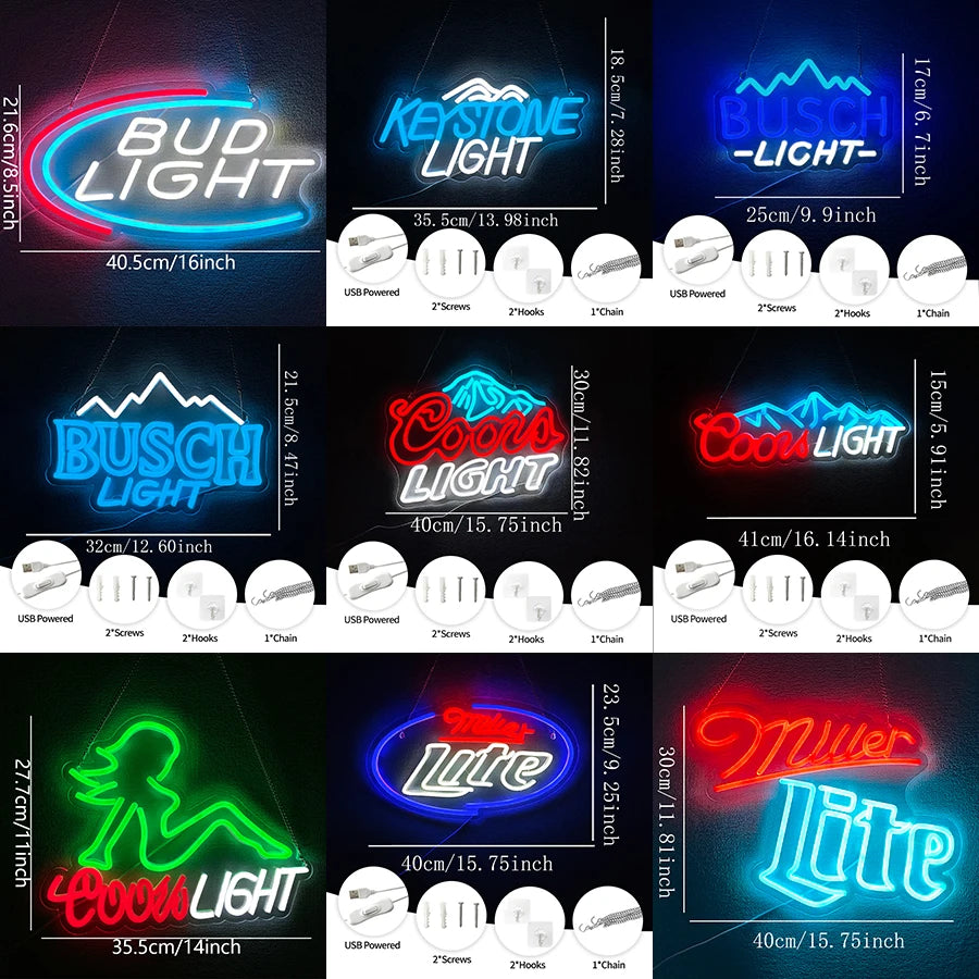 Various LED neon signs featuring Bud Light, Busch Light, Coors Light, and Miller Lite designs.