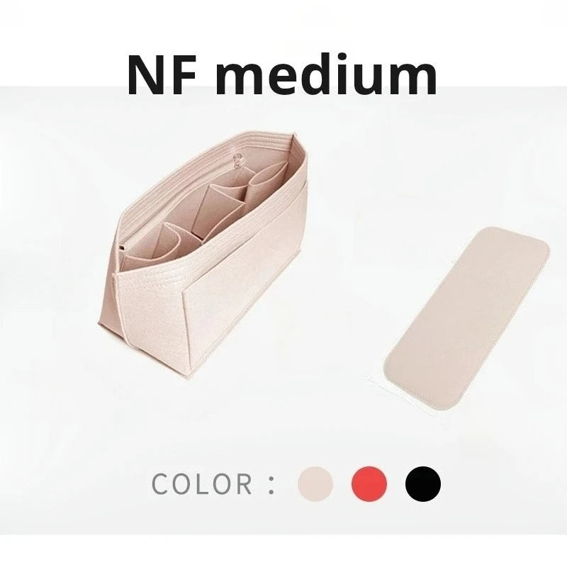 A folded light pink felt tote bag organizer insert with multiple pockets shown next to color options.