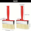 A red paint brush with a silver ferrule and yellow bristles shown in a vertical view.