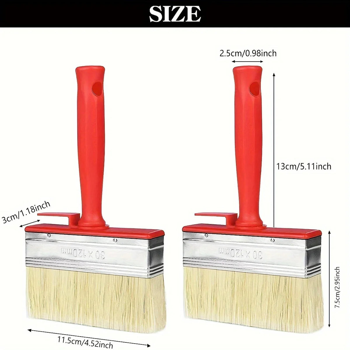 A red paint brush with a silver ferrule and yellow bristles shown in a vertical view.