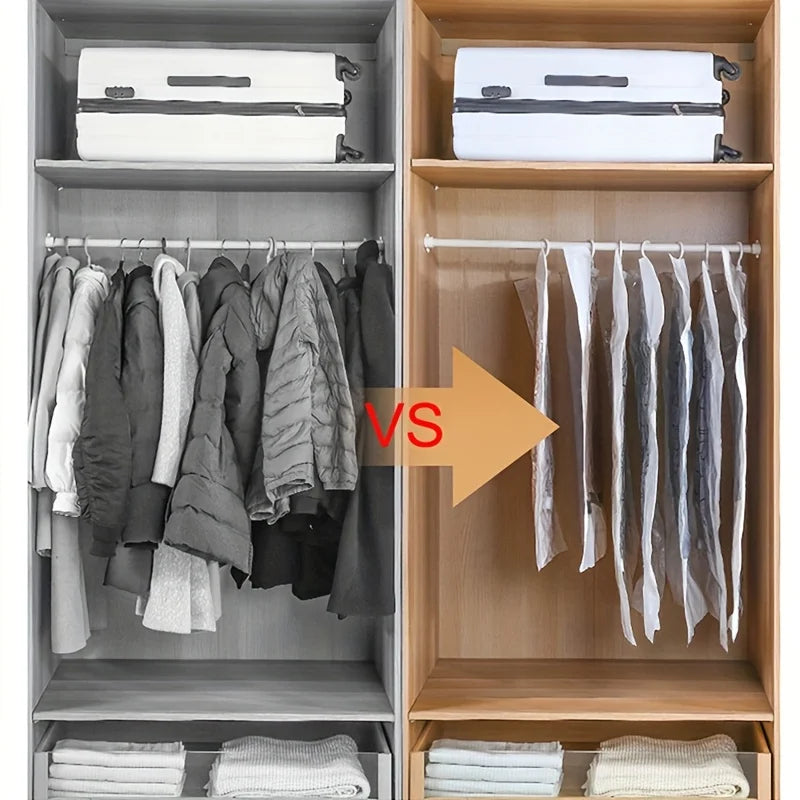 A storage cabinet displaying hanging winter clothing, compression bags, and folded textiles.