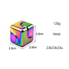 A colorful metal fidget spinner cube with dimensions 2.8cm by 2.8cm and a weight of 128g.