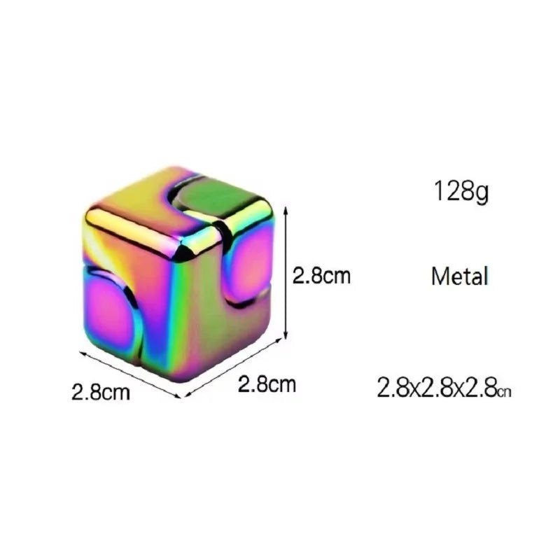 A colorful metal fidget spinner cube with dimensions 2.8cm by 2.8cm and a weight of 128g.