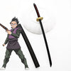 A replica metal katana sword inspired by Tanjiro, featuring a black blade and gold hilt, displayed next to an anime-style cha