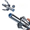 A close-up view of a heavy-duty grease gun coupler with a metal rod and a blue tip.