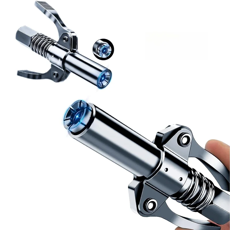 A close-up view of a heavy-duty grease gun coupler with a metal rod and a blue tip.