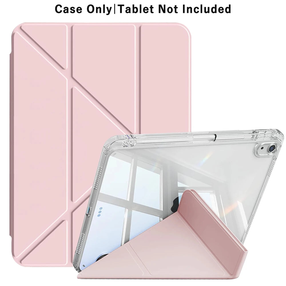 A pink foldable clear iPad case shown with the tablet inside and a matching pink cover.