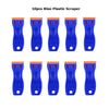 Ten blue plastic scrapers with orange tips used for removing stickers and labels