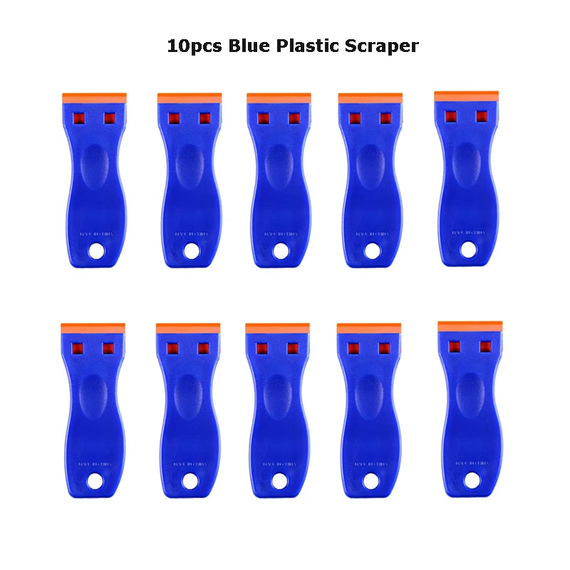 Ten blue plastic scrapers with orange tips used for removing stickers and labels