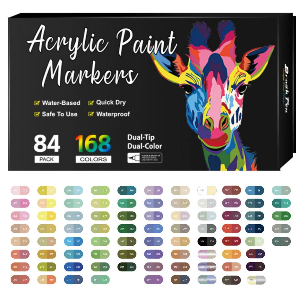 Eine Schachtel mit 84 doppelspitzigen Acrylmarkern in verschiedenen Farben und einem Farbmusterblatt.