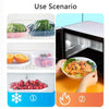 Demonstration showing reusable elastic food covers used for fresh produce like cucumbers, citrus fruits, and berries in a kit