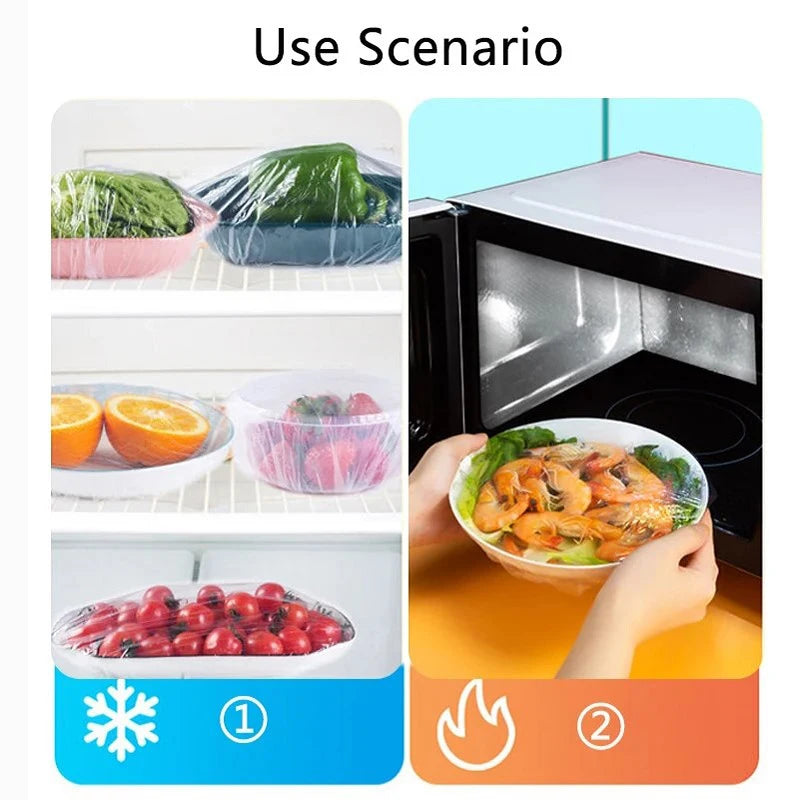 Demonstration showing reusable elastic food covers used for fresh produce like cucumbers, citrus fruits, and berries in a kit