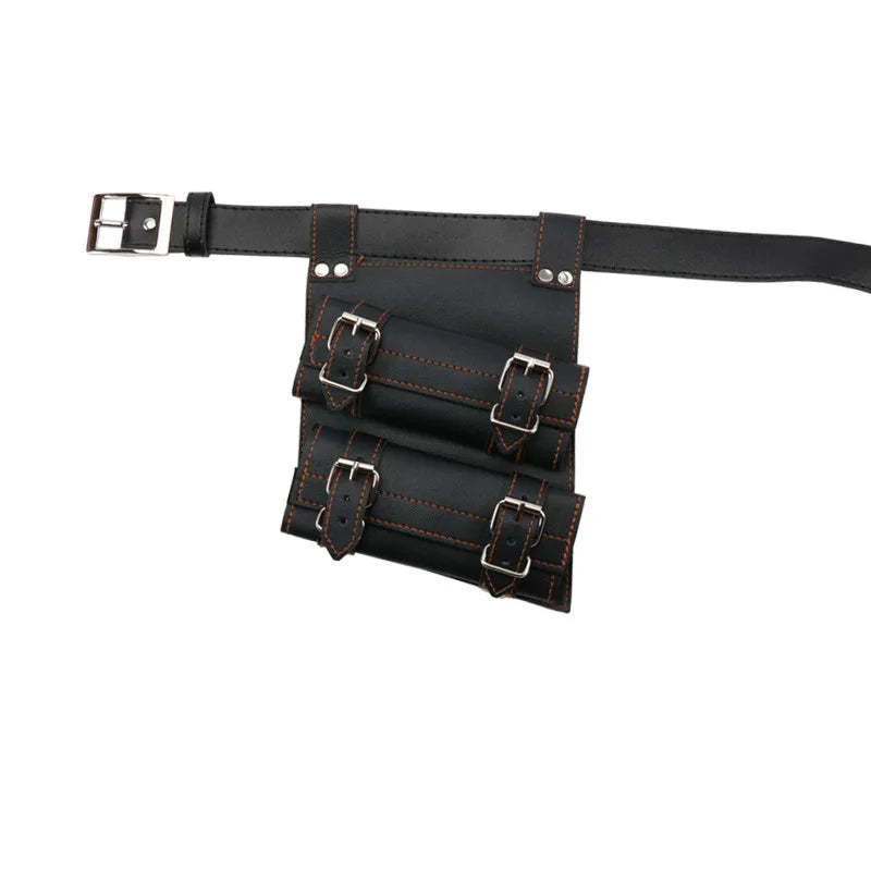 Black leather sword strap with a silver buckle and multiple leather straps for cosplay