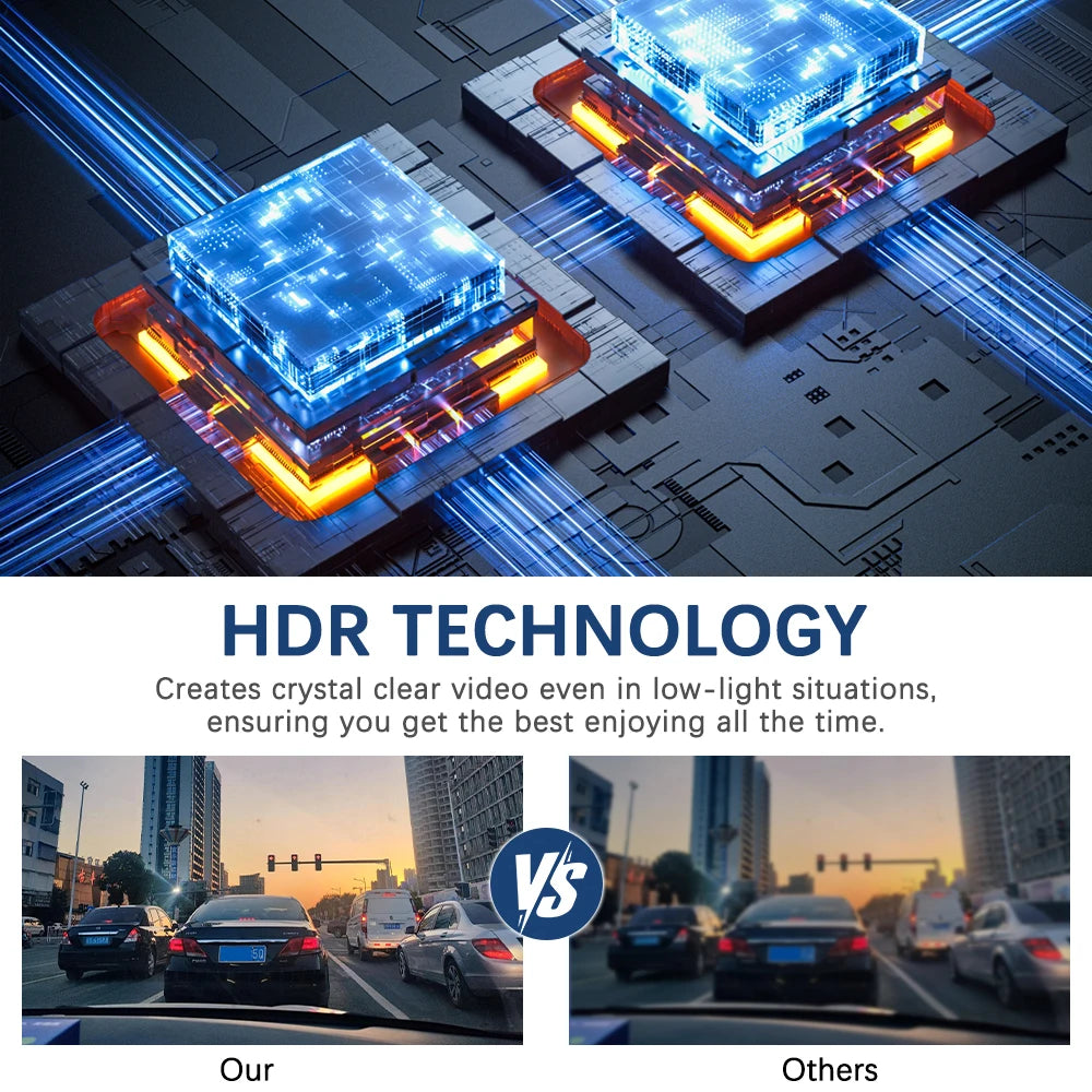 Futuristesblaue Kameramodul auf einer Platine, illustriert HDR-Technologie für Nachtsicht-Aufzeichnungsgeräte.