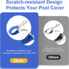 A blue stainless steel pool cover clip with a comfort grip handle is shown protecting a pool cover.
