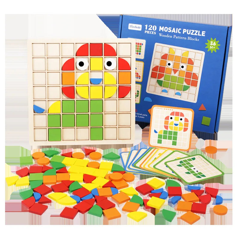A box of 120 piece wooden mosaic puzzle blocks and a loose pile of colorful wooden puzzle pieces.