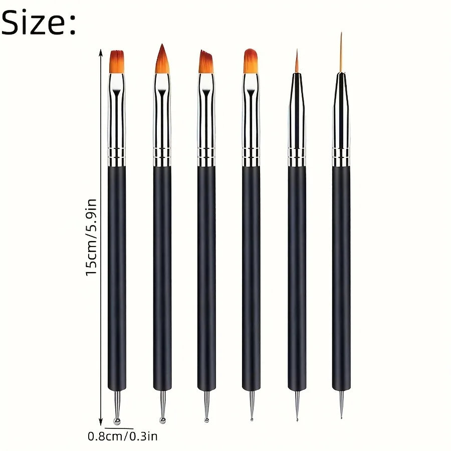 A set of professional dual-ended nail art brushes shown vertically with various sizes.