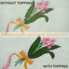 Embroidery design showing a pink and green floral arrangement with various finishing options.
