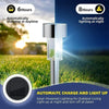 A silver solar-powered outdoor light fixture mounted on a pole, illustrating automatic charging and night lighting features.