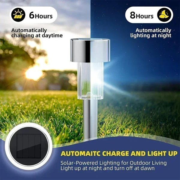 Luz exterior plateada con panel solar en poste, carga automática e iluminación nocturna.