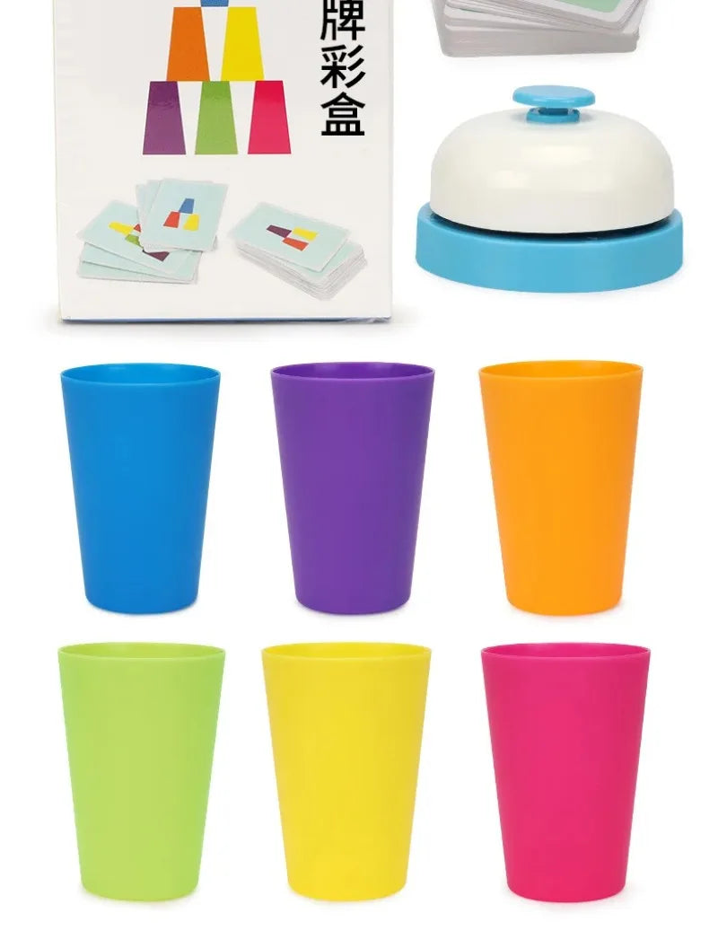 A set of colorful plastic cups and cards for a Montessori stacking game for children.