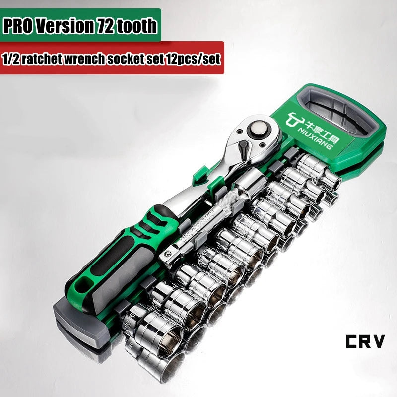 A green and silver chrome vanadium socket set with a quick-release ratchet and various sockets is shown on a white background