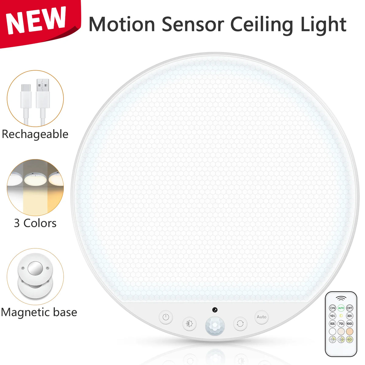 A round, white motion sensor ceiling light with a magnetic base and control buttons is shown.