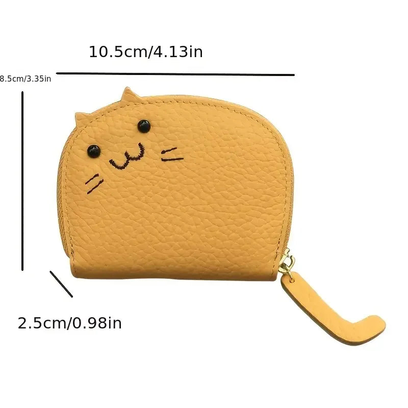 A tan, cat-shaped PU leather card wallet with a gold-colored strap.