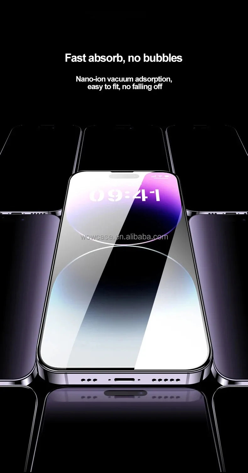 A close-up view of a smartphone screen protected by a clear privacy screen protector with an easy-install frame.