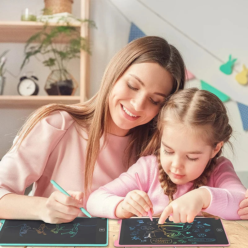 A woman is writing on a digital tablet with a young girl, demonstrating the 12-inch LCD writing tablet for drawing and learni
