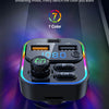 A portable light device displays a seven-color spectrum and is shown with an orange to purple light gradient.