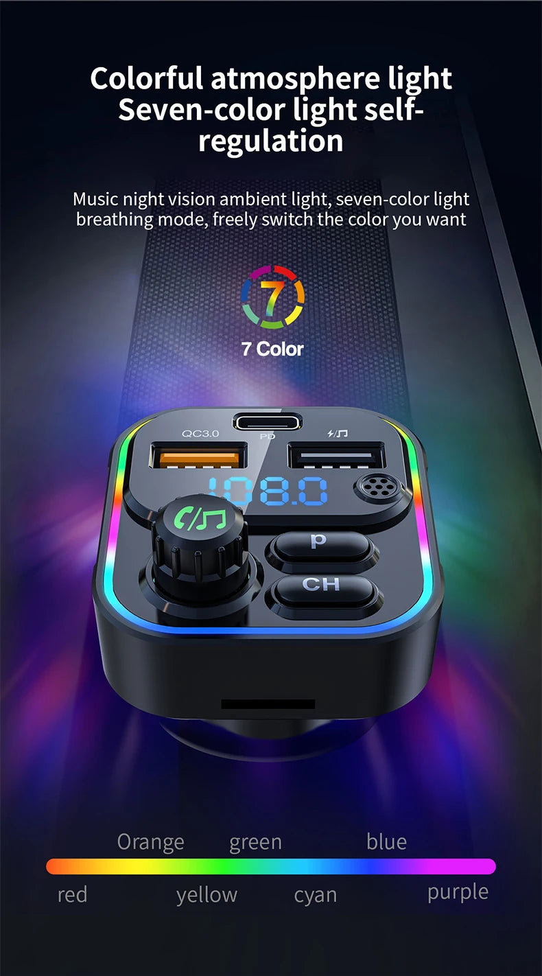 A portable light device displays a seven-color spectrum and is shown with an orange to purple light gradient.