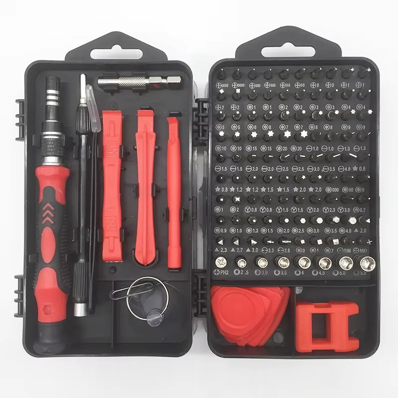 A black case containing a 115-in-1 precision screwdriver set with various chrome-vanadium steel bits and drivers.