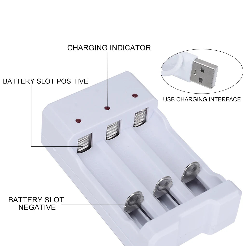 A white USB charging interface for a battery slot charger with positive and negative battery slots.
