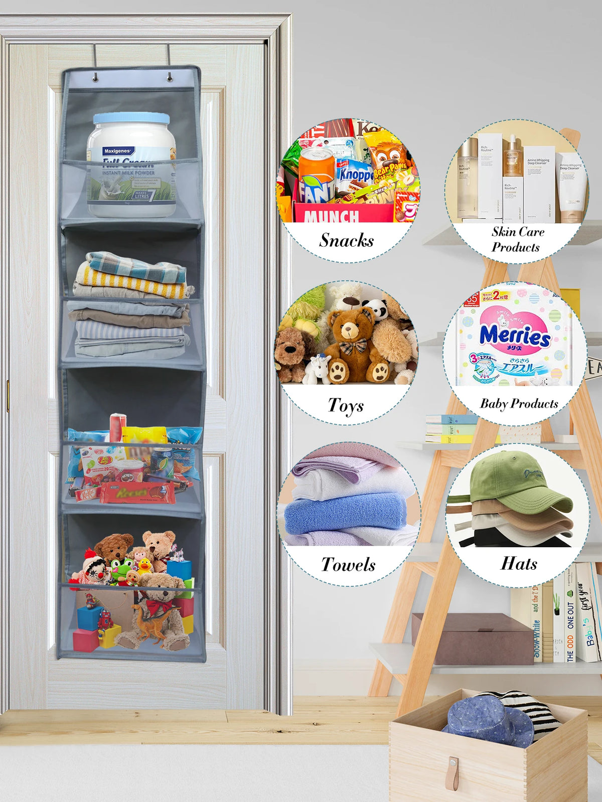 Over-the-door hanging organizer with clear compartments for storing baby and snack items