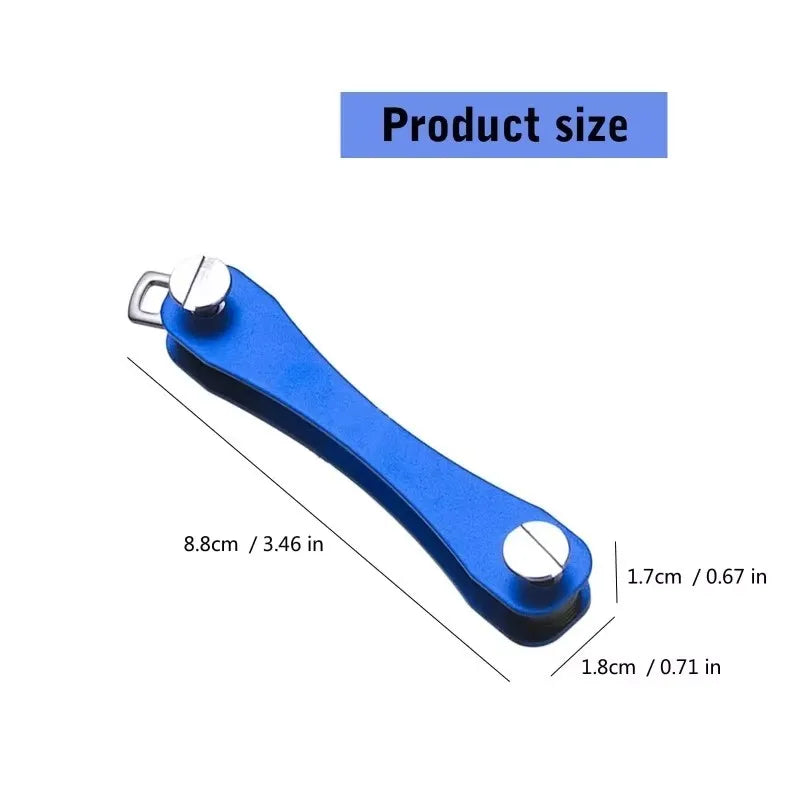 A blue aluminum key clip with a carabiner hook shown from the side.