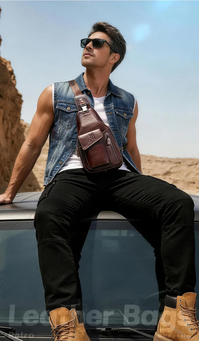 Men's Genuine Leather Sling Backpack with USB Charging Port