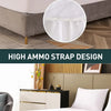 White fitted mattress protector with a high ammo strap design shown on a bed frame.