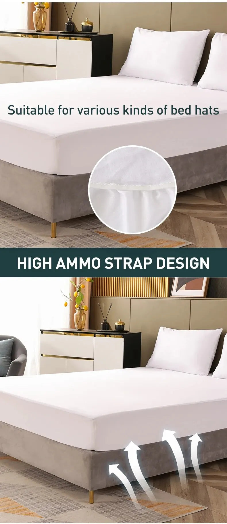 White fitted mattress protector with a high ammo strap design shown on a bed frame.