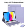 A purple detachable wireless keyboard case and mouse shown next to a laptop.
