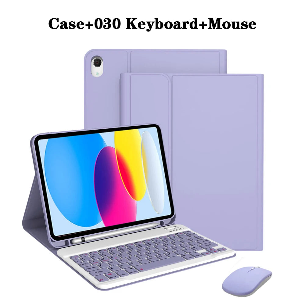 A purple detachable wireless keyboard case and mouse shown next to a laptop.