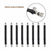 A set of four black adjustable elastic bed sheet corner straps with silver metal clasps.