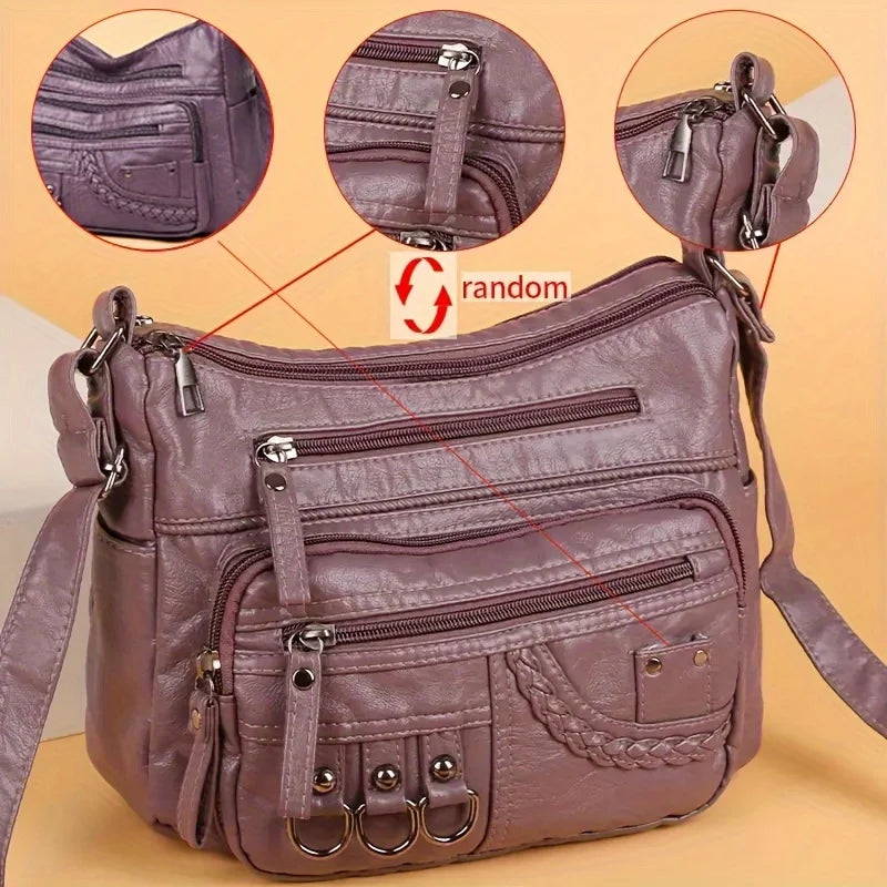 A mauve vintage PU crossbody bag shown with various angles and details.