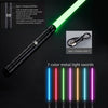 A collection of seven-color metal light swords with LED lights and sound effects displayed against a dark background.