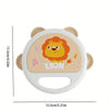 An animal-shaped clapping tambourine for toddlers featuring a lion design with light brown and orange colors.