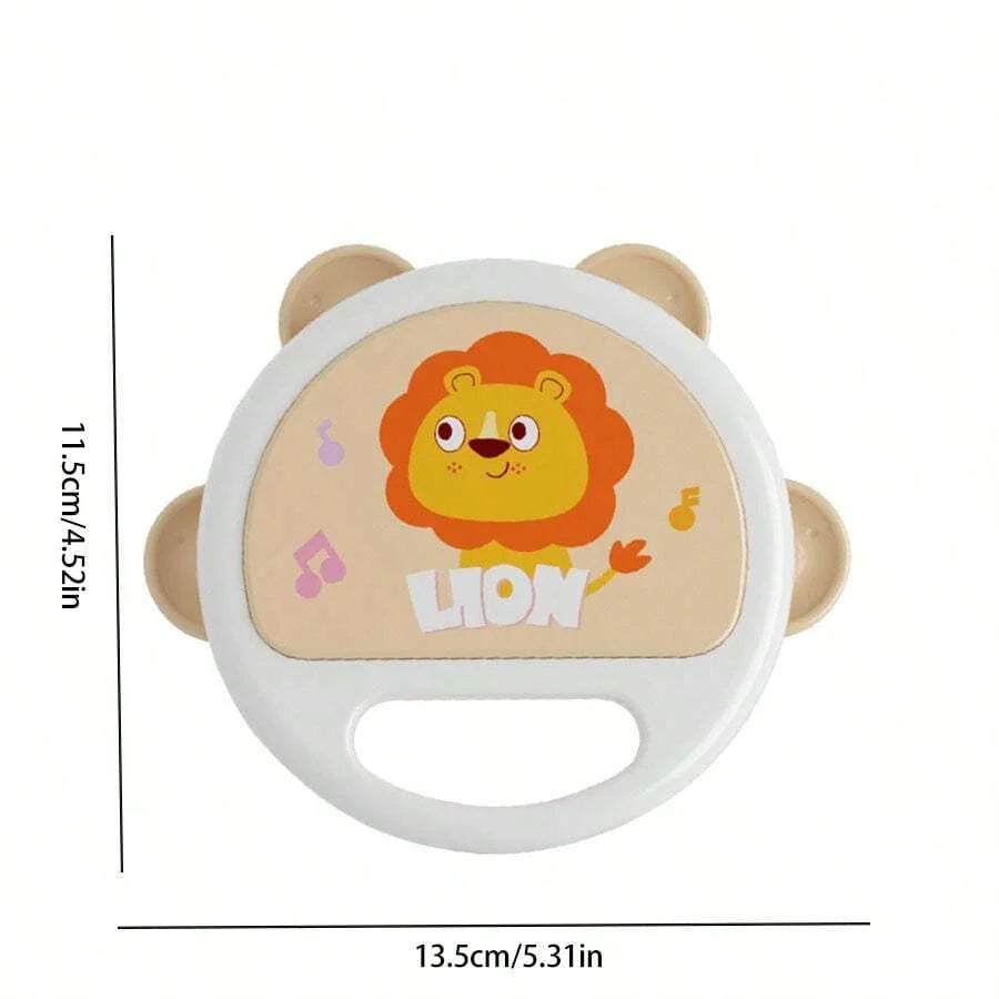 An animal-shaped clapping tambourine for toddlers featuring a lion design with light brown and orange colors.