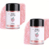 A glass jar of pink edible glitter powder labeled Pink with a strawberry icon for baking and dessert decoration