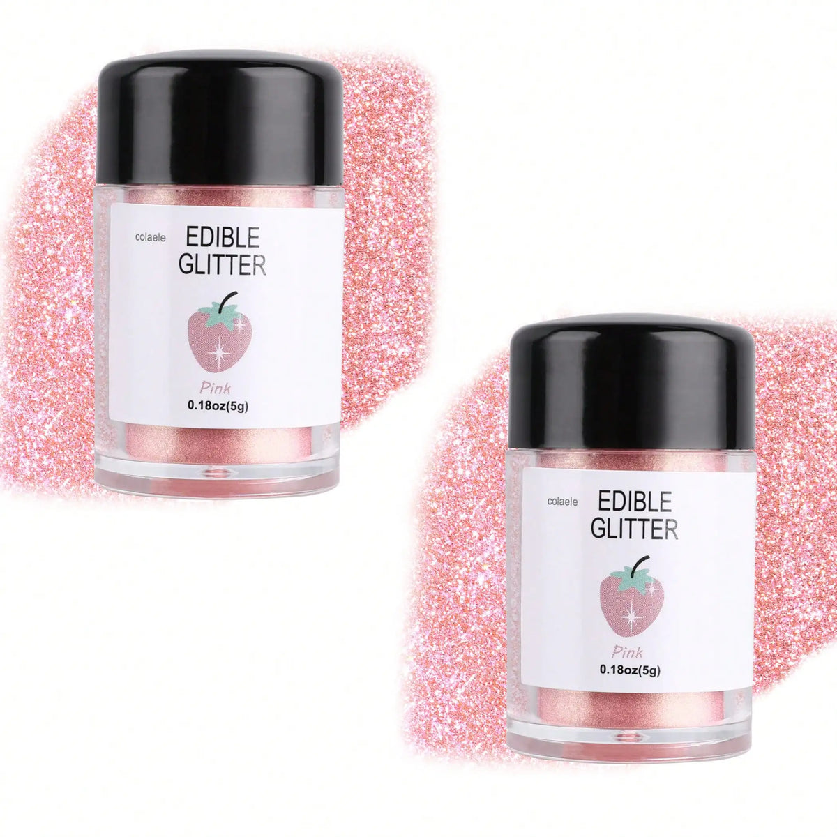 A glass jar of pink edible glitter powder labeled Pink with a strawberry icon for baking and dessert decoration